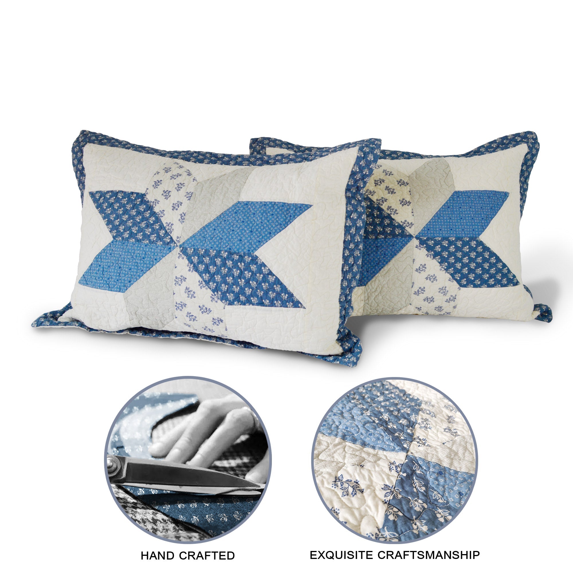 Kasentex 100% Cotton Summer Diamond Blue Patchwork Quilt King Size Pillow Sham, Boho Style, Motif Blue and Ivory, Room Decor, Graduation Gifts