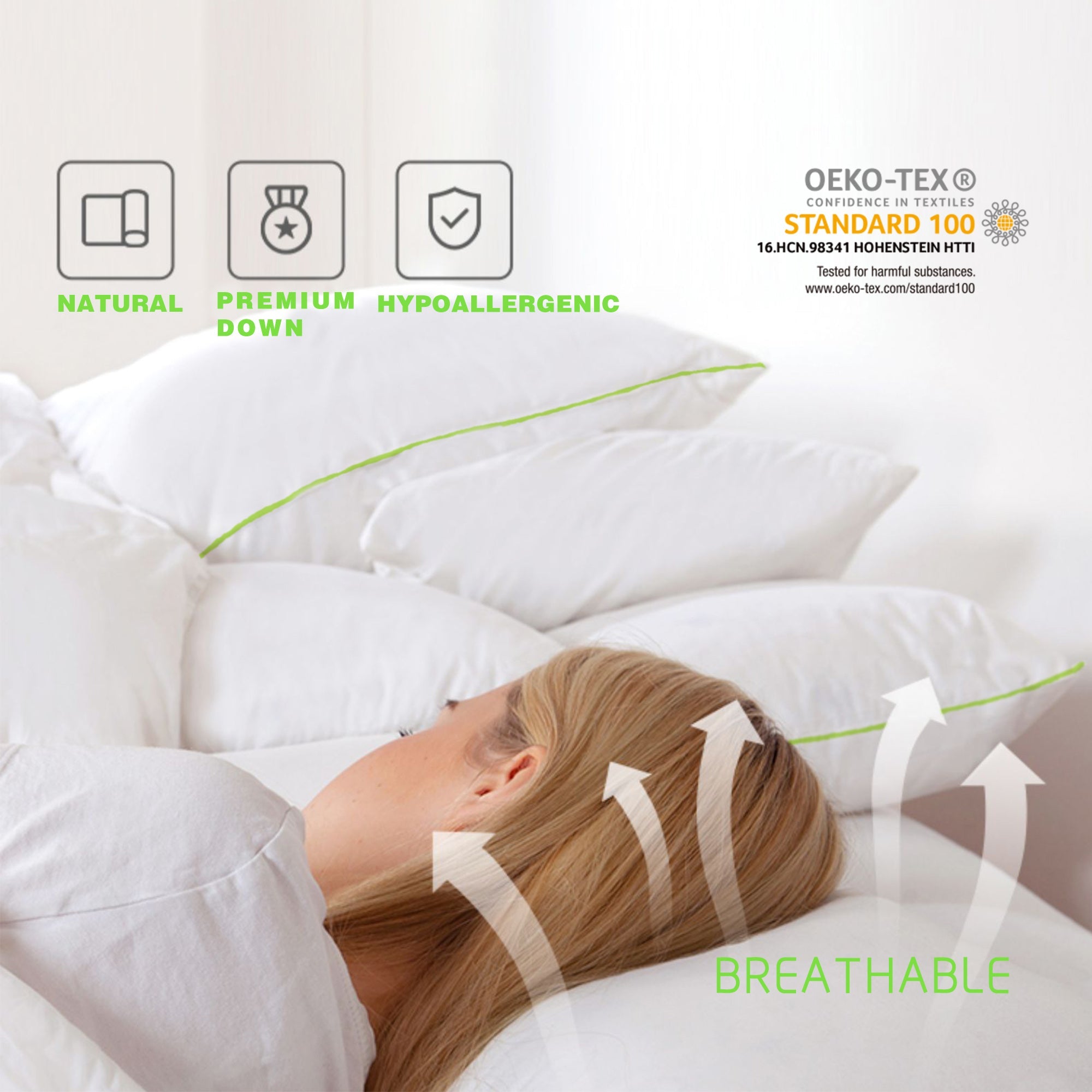 Kasentex Silky Green Piped Edge Goose Down Feather Pillow Set, White