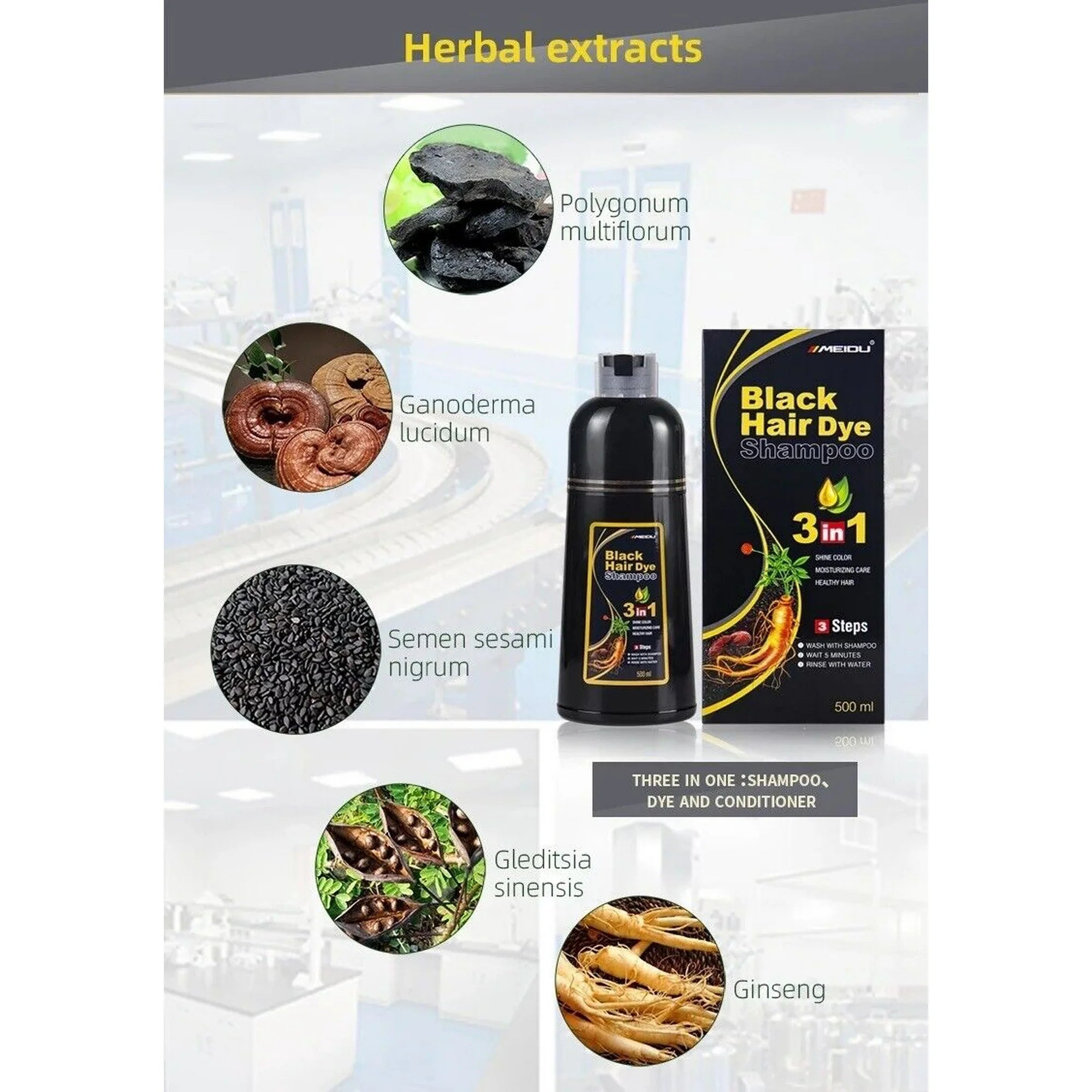 MEIDU 3 In 1 Black Hair Dye Shampoo