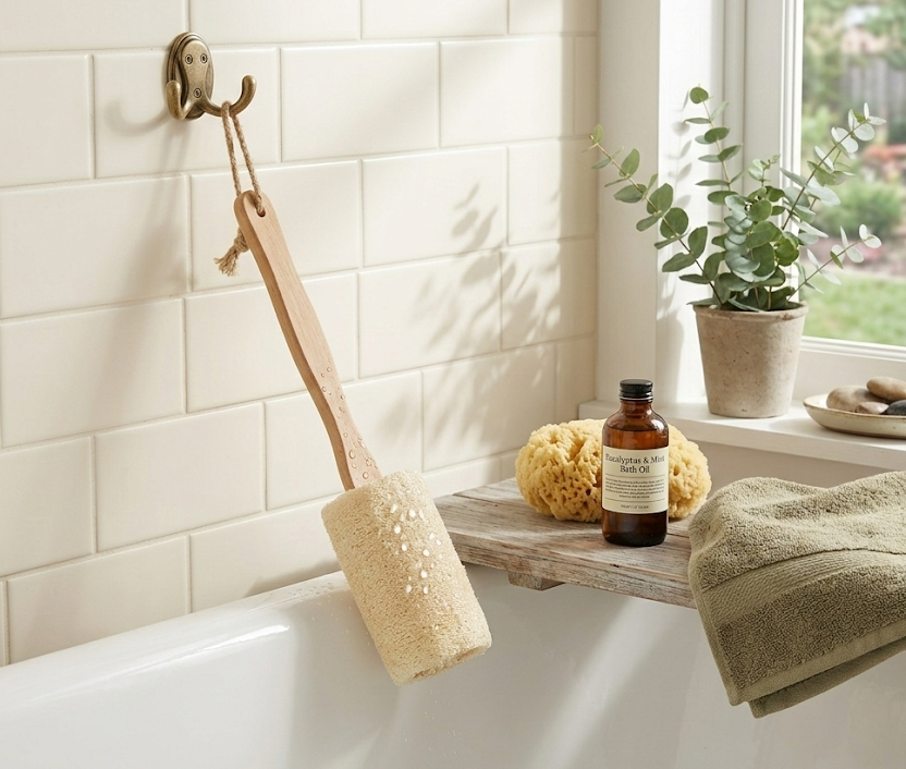 BENAT Natural Loofah Bath Brush w/Long Handle.