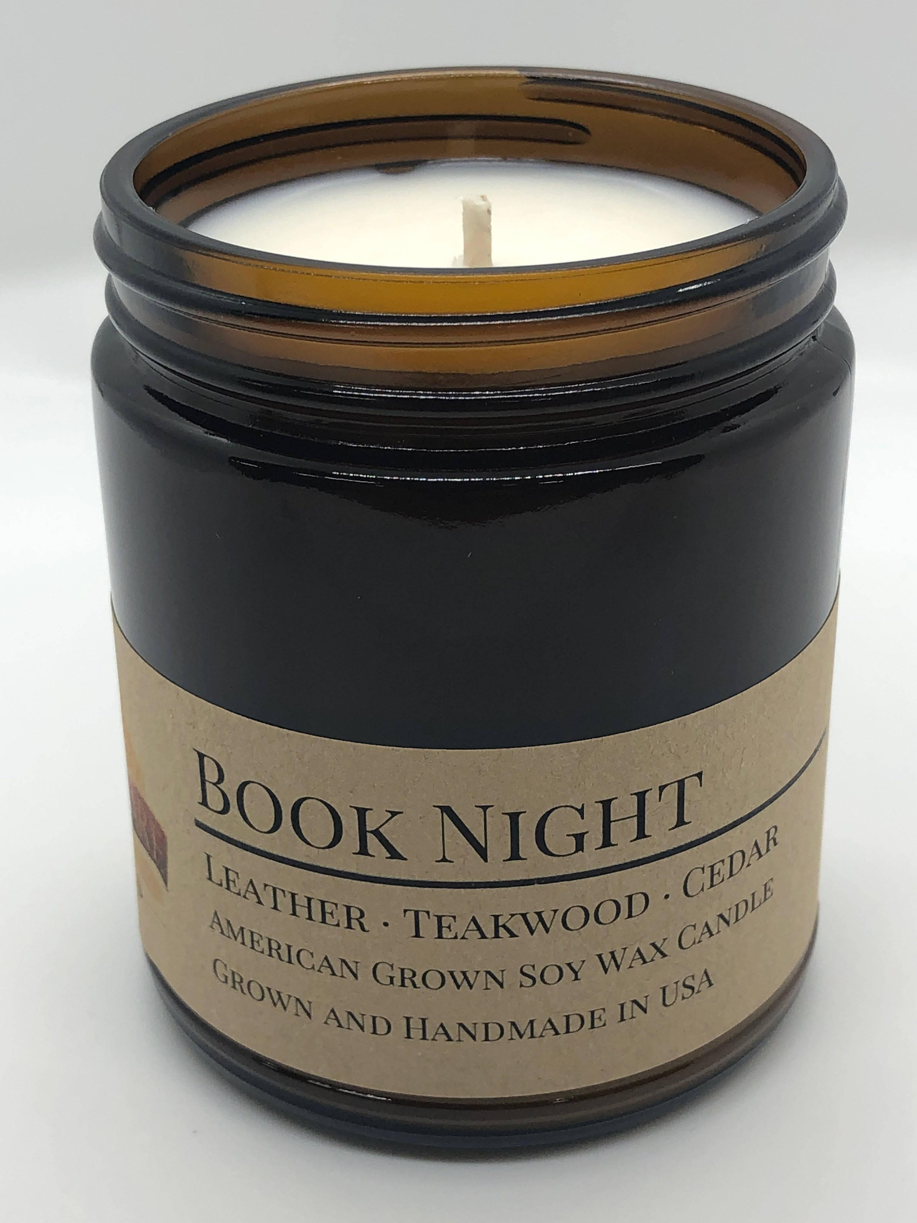 Book Night Soy Wax Candle | 9 oz Amber Apothecary Jar